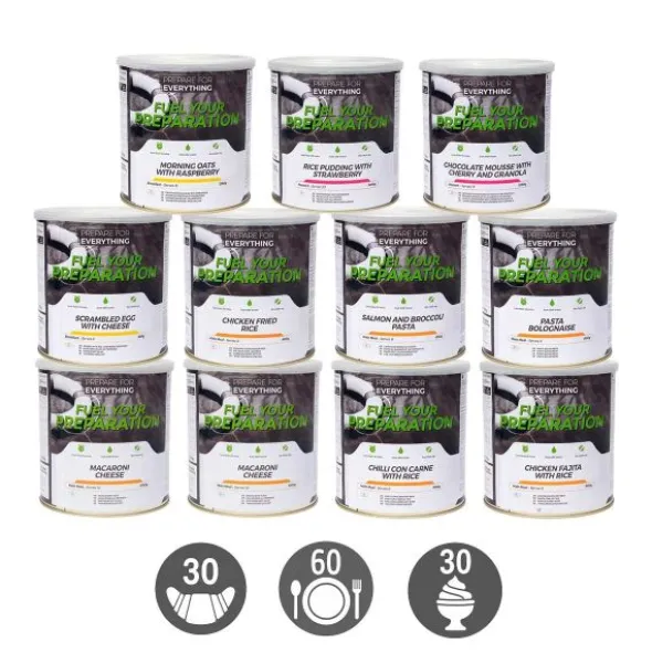Pack survie 1 mois - 30 petits-déjeuners, 60 repas, 30 desserts - Stockage 25 ans